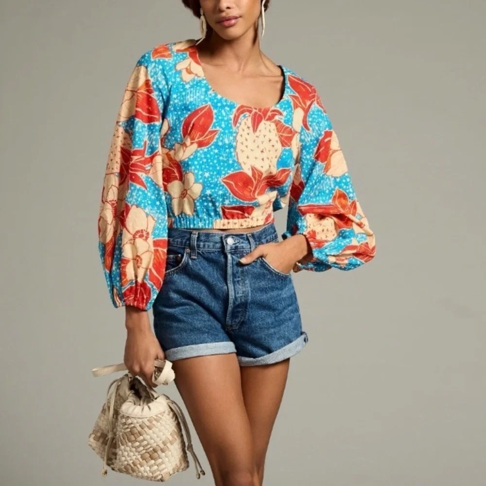 NWT Farm Rio x Anthropologie Puff-Sleeve Bubble Blouse size L
